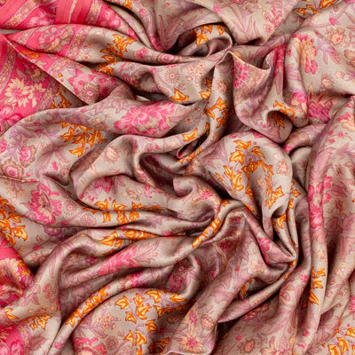 Grey Woven Digital Printed Satin Silk Saree With Floral Motifs