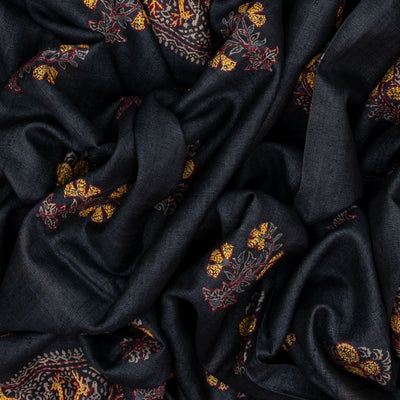 Black Handloom Tussar Silk Saree With Printed & Embroidered Deer Motifs