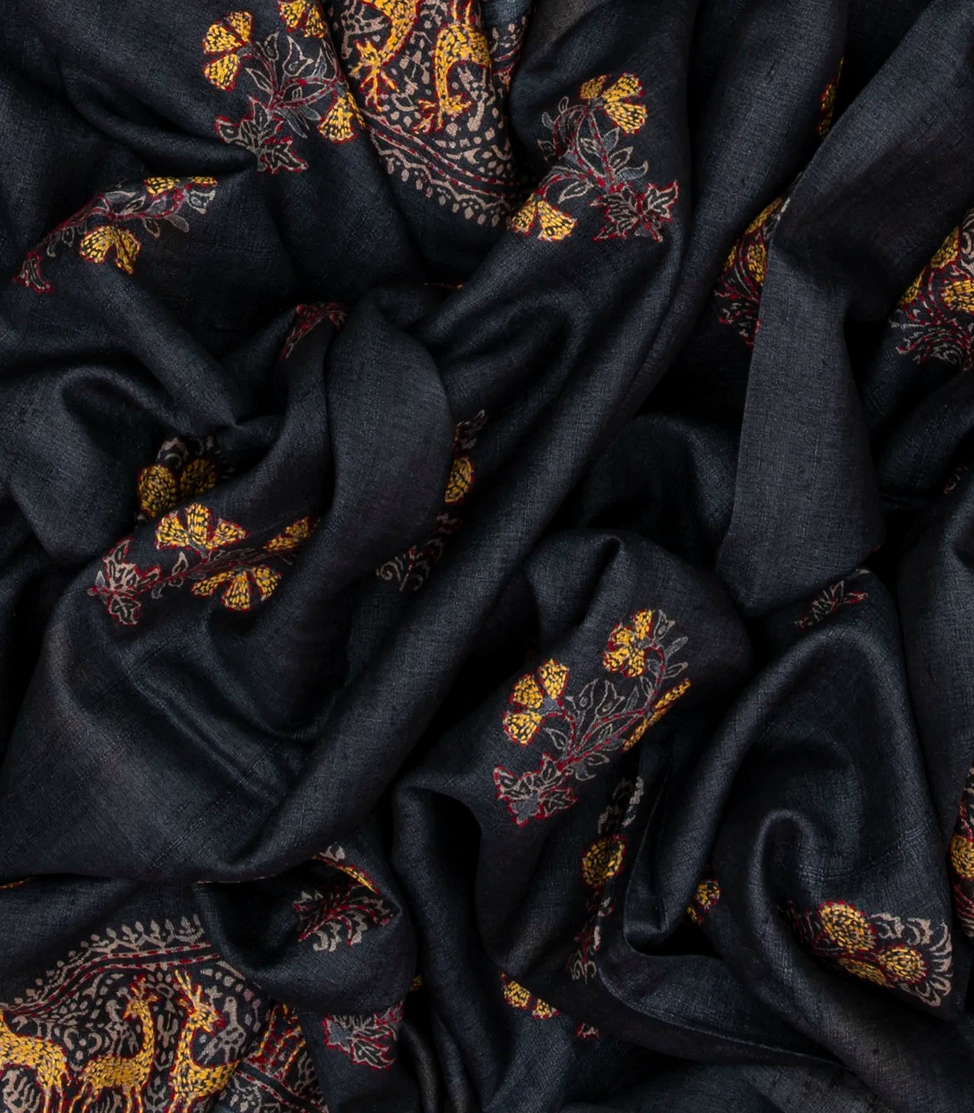 Black Handloom Tussar Silk Saree With Printed & Embroidered Deer Motifs