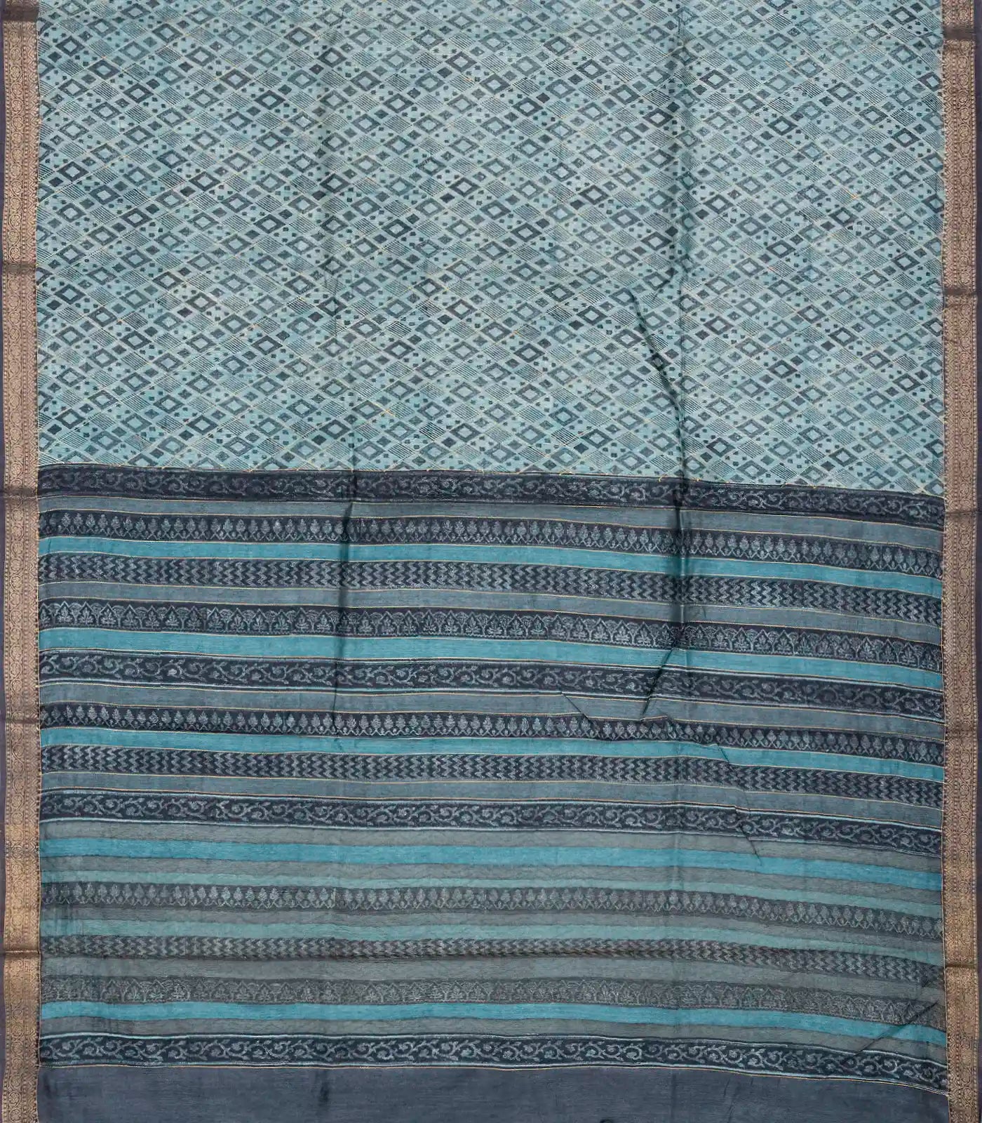 Light Blue Handloom Tussar Silk Saree Printed With Triangle Motifs