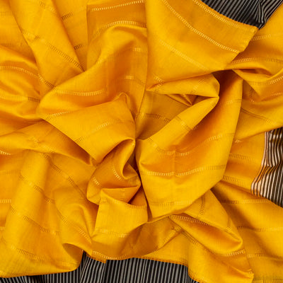 Yellow Handloom Kora Silk Saree With Beldari Stripes & Black Border