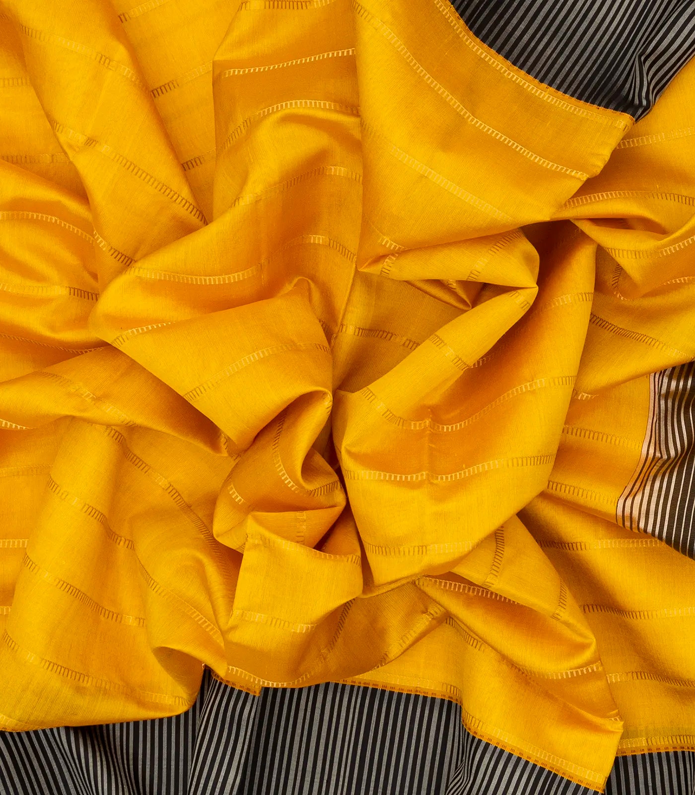 Yellow Handloom Kora Silk Saree With Beldari Stripes & Black Border