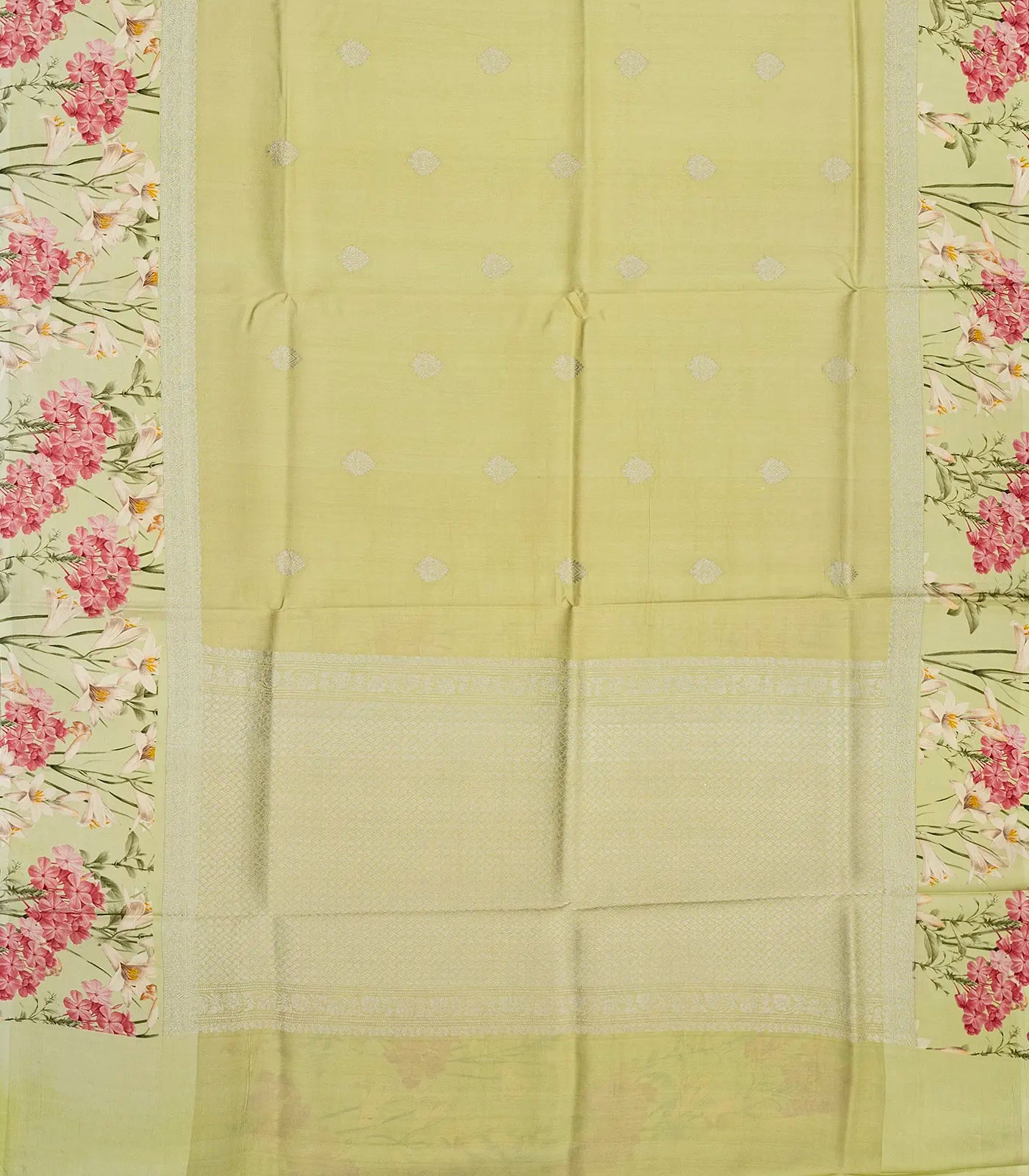 Gold Handloom Tussar Silk Saree With Floral Buttas & Printed Border