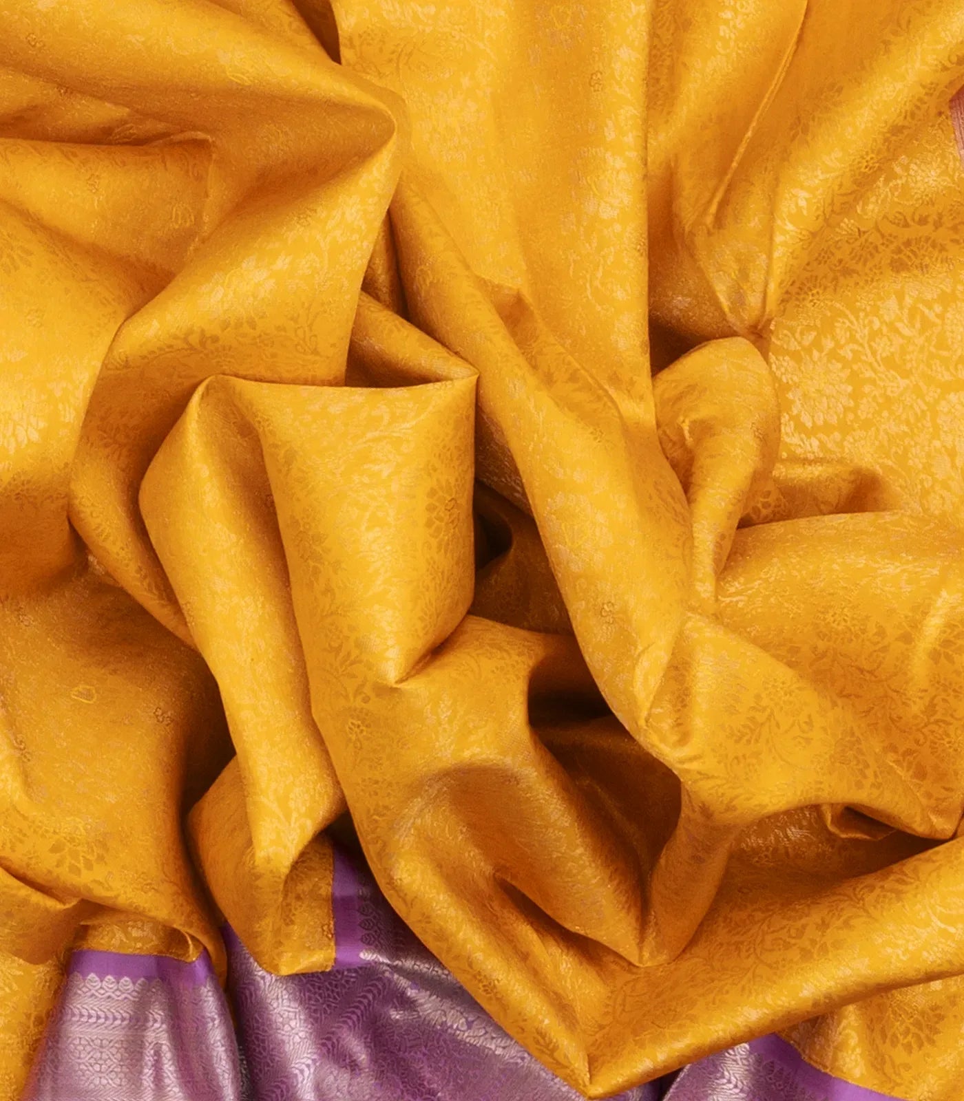 Mango Yellow Handloom Kanchipuram Korvai Silk Saree With Floral Motifs