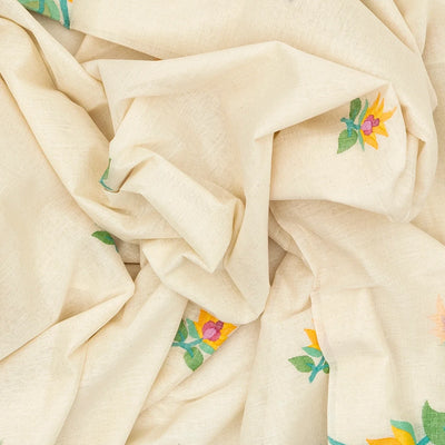 Off White Handloom Bengal Cotton Saree With Floral Meenakari Motifs in Border and Tree of Life Woven in the Jamdani Technique