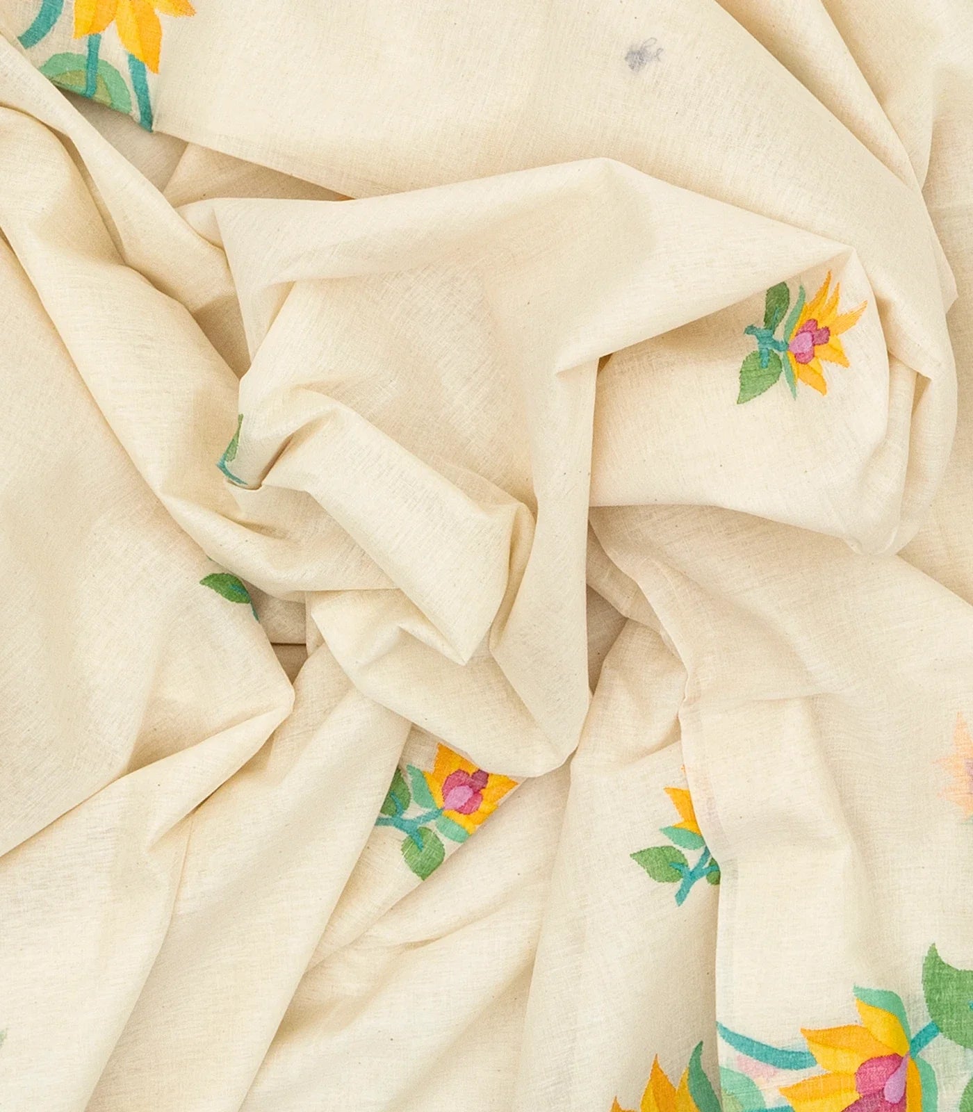 Off White Handloom Bengal Cotton Saree With Floral Meenakari Motifs in Border and Tree of Life Woven in the Jamdani Technique