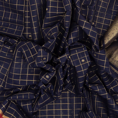 Midnight Blue Handloom Kanchi Cotton Saree With Zari Checks