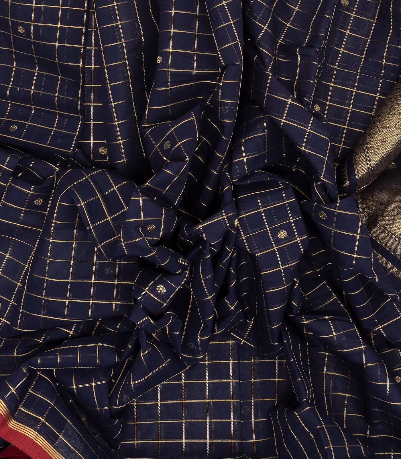 Midnight Blue Handloom Kanchi Cotton Saree With Zari Checks