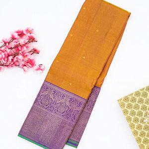 Mustard Handloom Kanchipuram Vairaoosi Korvai Silk Saree With Buttas