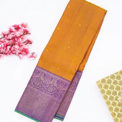 Mustard Handloom Kanchipuram Vairaoosi Korvai Silk Saree With Buttas