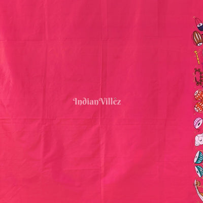 Neon Pink Veena Design Hand-Painted Pattachitra Saree