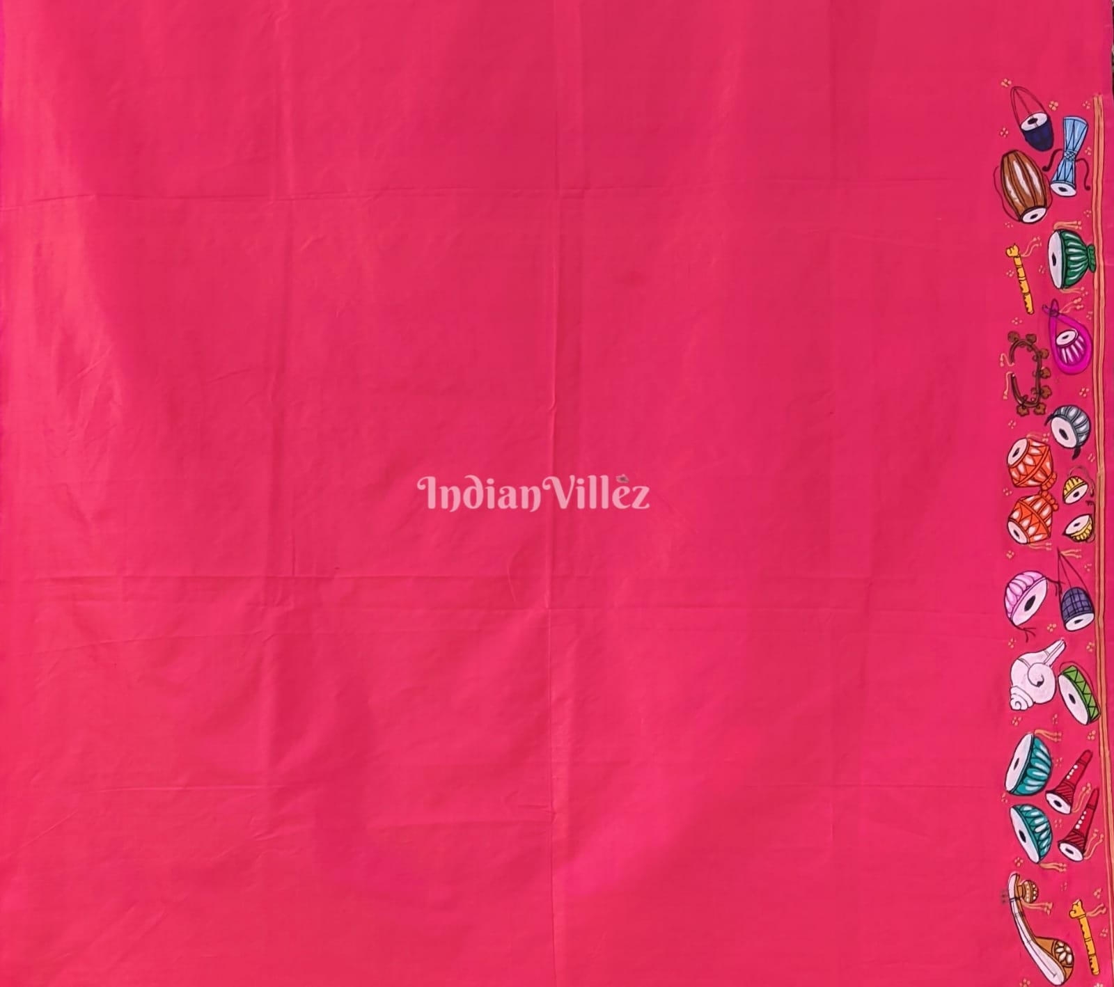 Neon Pink Veena Design Hand-Painted Pattachitra Saree