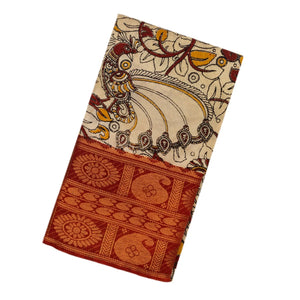 Taupe Handloom Kalamkari Cotton Saree With Printed Annam Vine Motifs
