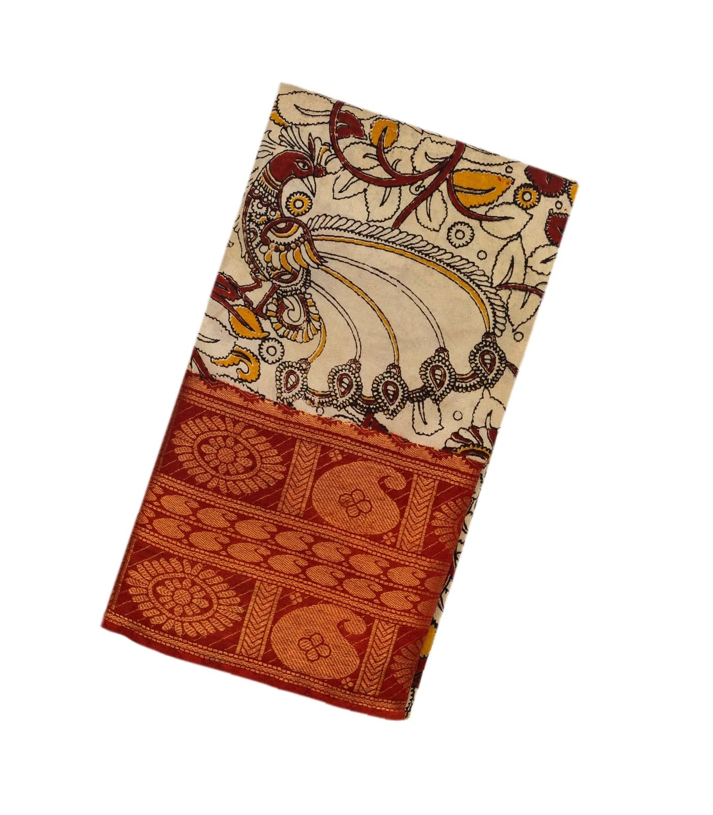 Taupe Handloom Kalamkari Cotton Saree With Printed Annam Vine Motifs