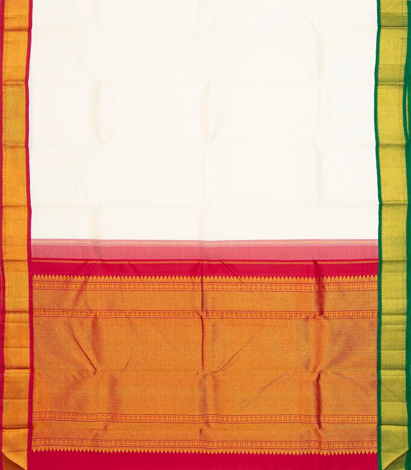 White Handloom Kanchipuram Korvai Silk Saree With Green & Red Border
