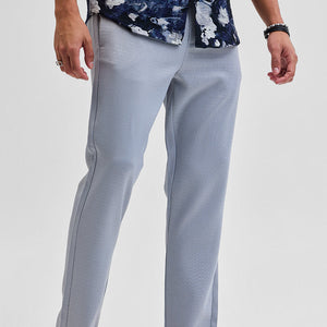 Light Grey Self-Design Slim Fit Trousers