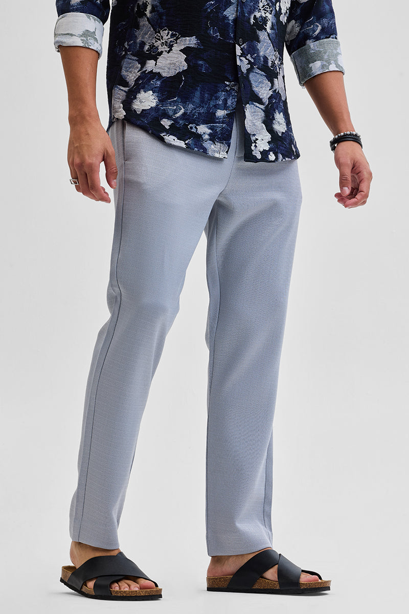 Light Grey Self-Design Slim Fit Trousers