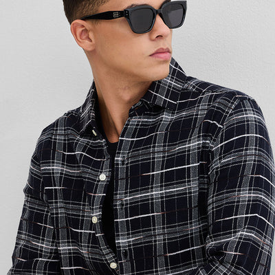 Black Slub Textured Checks Shirt