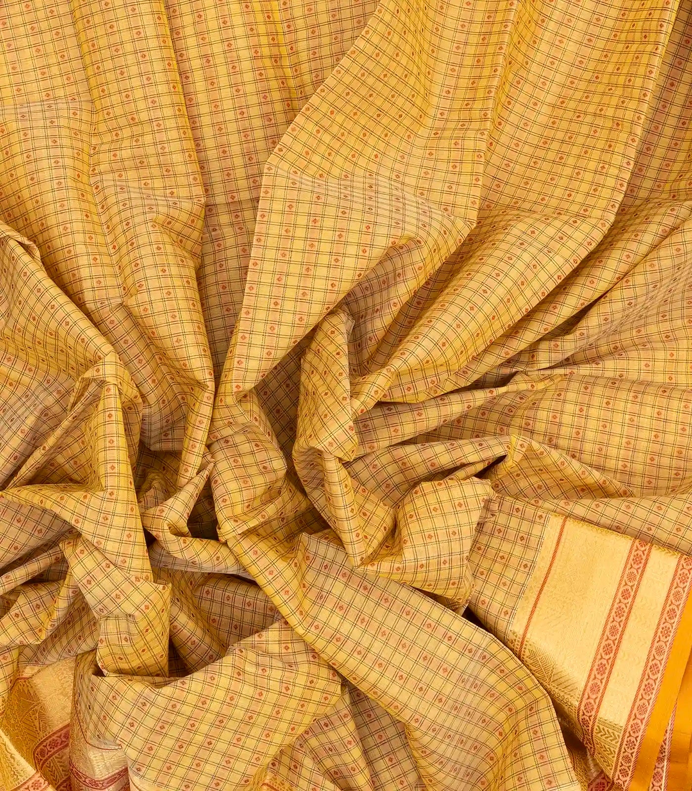 Sandal Handloom Kanchi Cotton Saree With Checks & Diamond Motifs