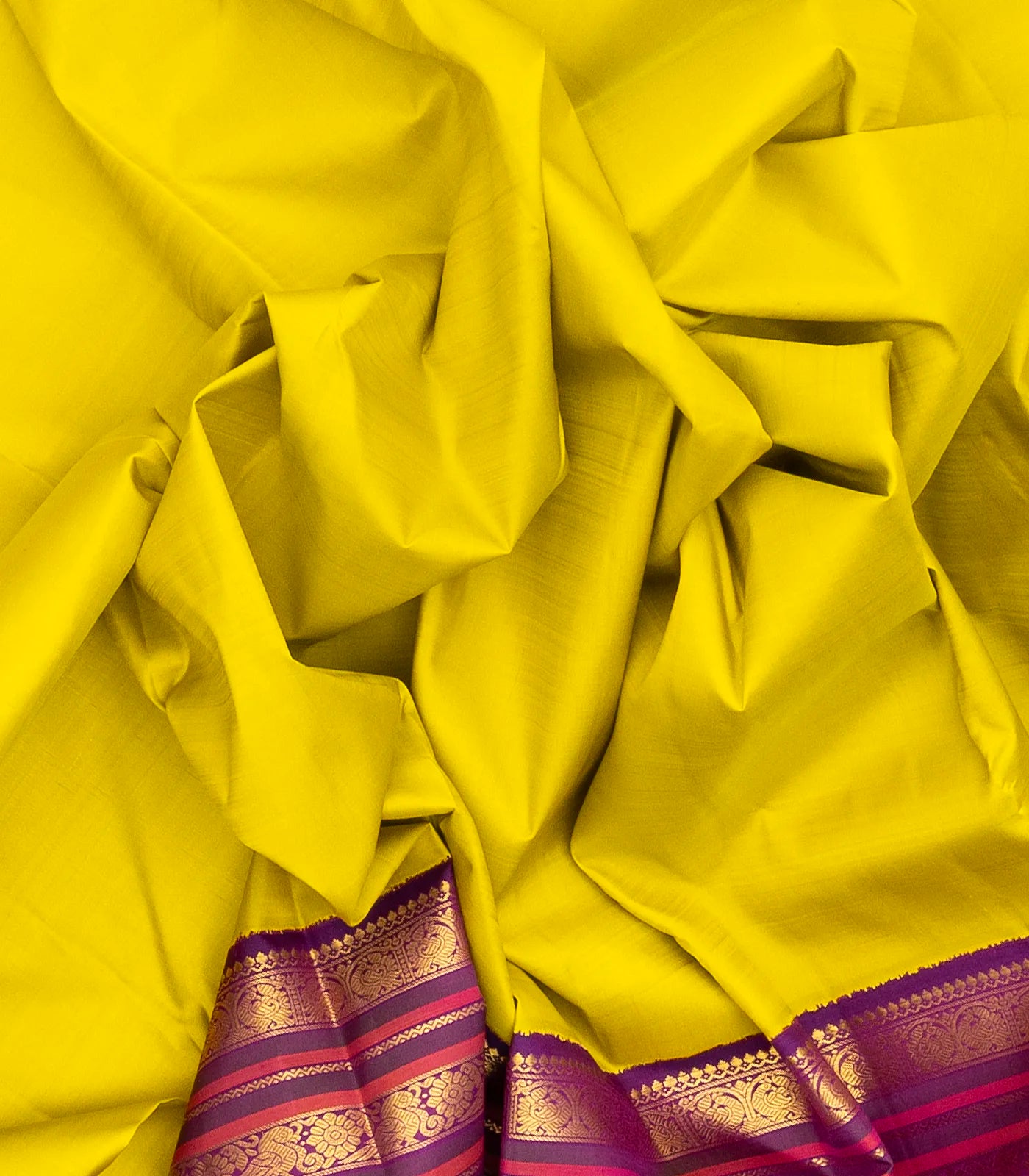 Lime Green Handloom Korvai Kanchipuram Silk Saree With Contrast Border