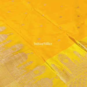 Yellow Banarasi Katan Silk Saree Inspired by Big Ben, London & United States Capitol, Washington DC