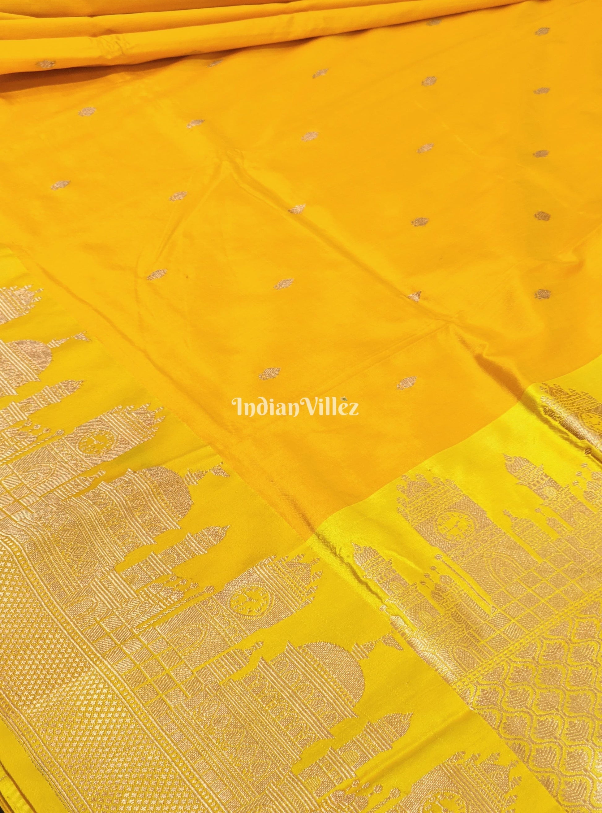 Yellow Banarasi Katan Silk Saree Inspired by Big Ben, London & United States Capitol, Washington DC