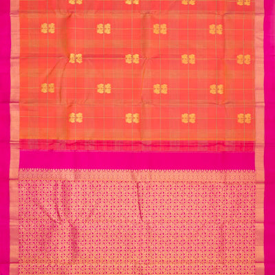 Peach Handloom Kanchipuram Silk Saree With Annam Buttas & Checks