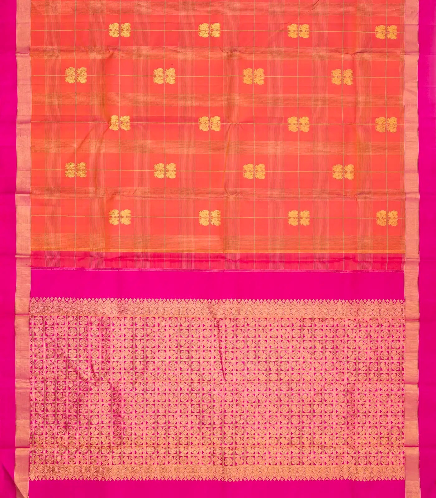 Peach Handloom Kanchipuram Silk Saree With Annam Buttas & Checks