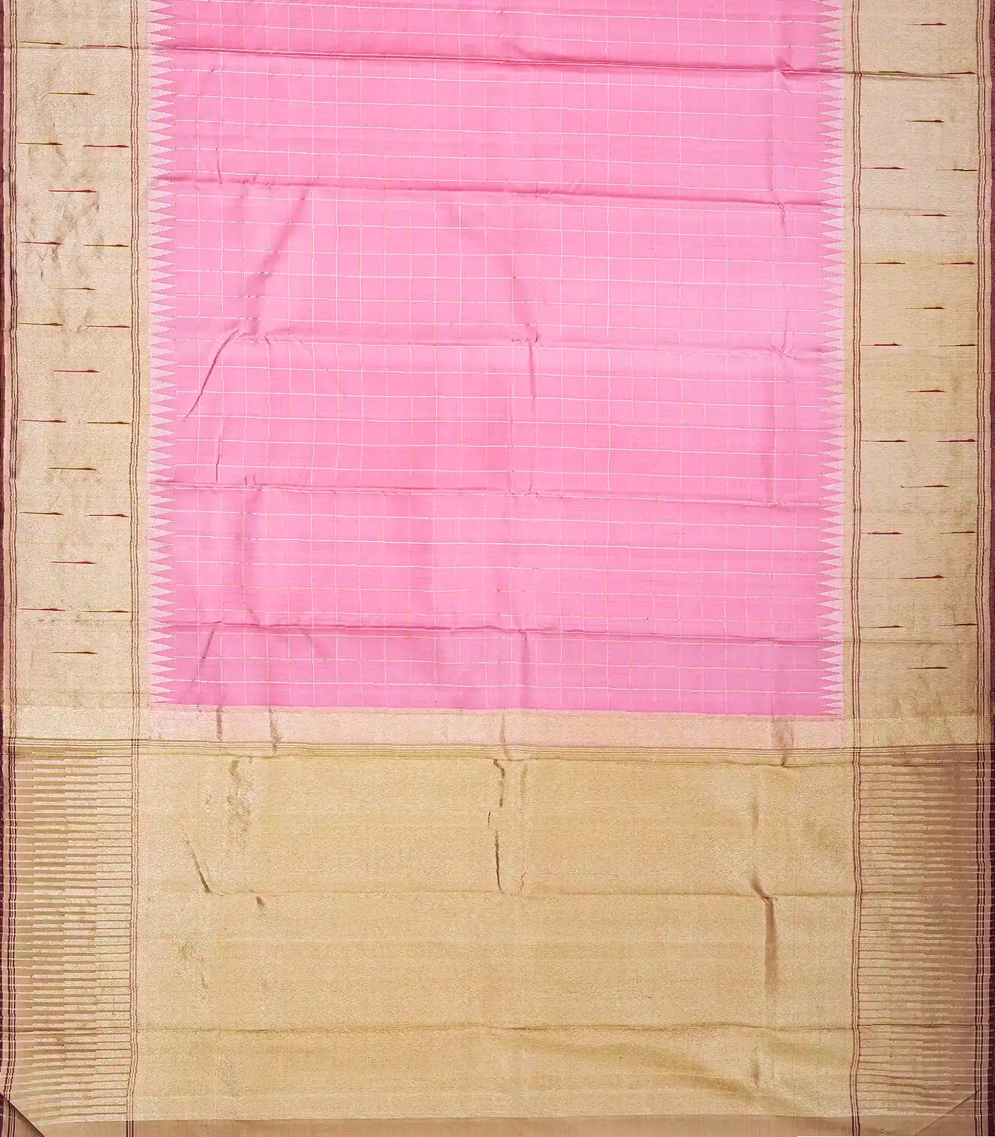 Bubblegum Pink Handloom Kanchipuram Korvai Silk Saree With Checks