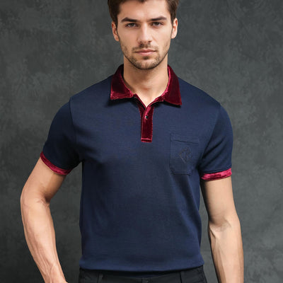 Rare Rabbit Men's Danil Navy Cotton Fabric Contrast Detailing Velvet Collar And Sleeves Half Sleeve Polo T-Shirt