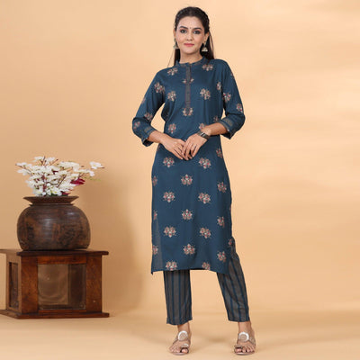 Dark Blue Casual Wear Embroidered Cotton Kurti