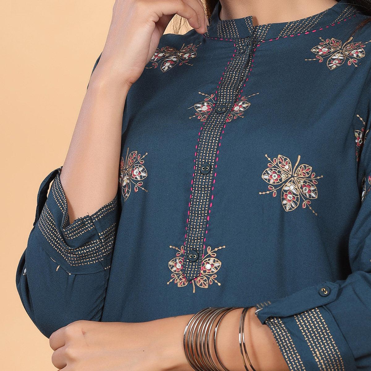 Dark Blue Casual Wear Embroidered Cotton Kurti