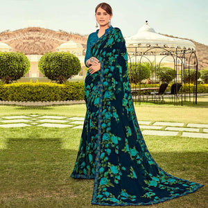 Dark Blue Casual Wear Printed Georgette Saree