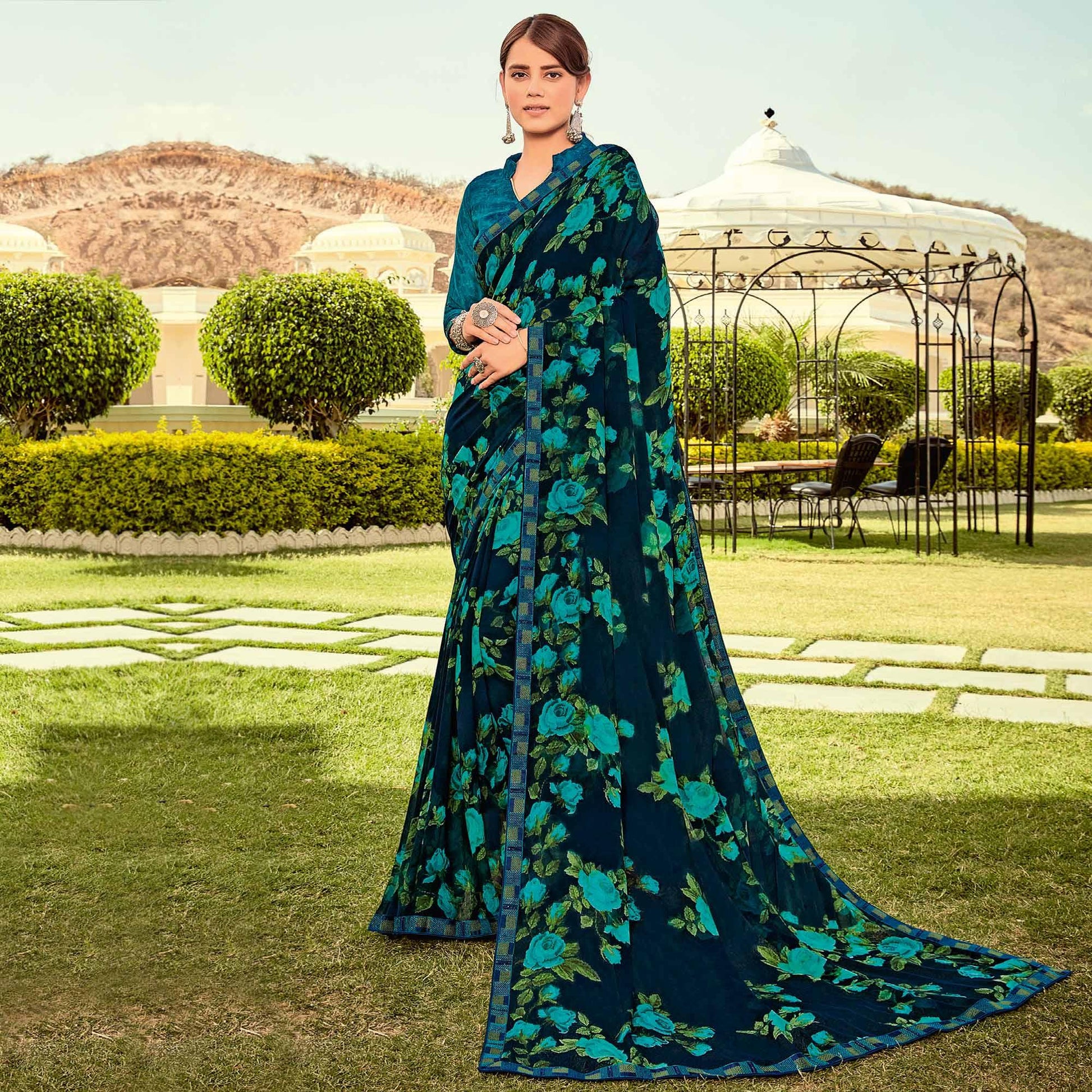 Dark Blue Casual Wear Printed Georgette Saree