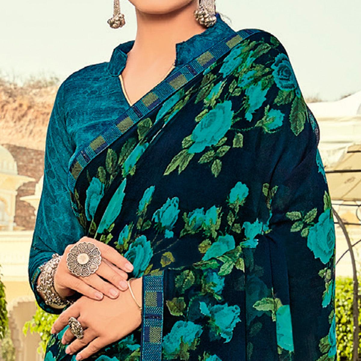 Dark Blue Casual Wear Printed Georgette Saree
