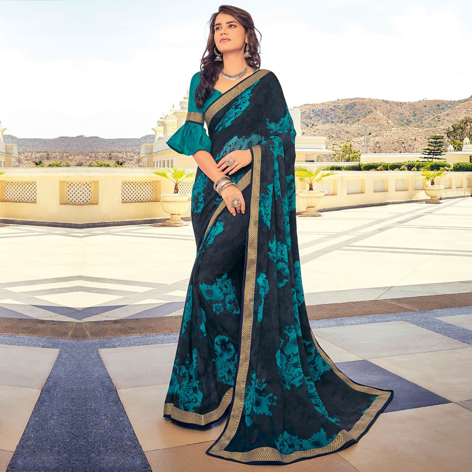 Dark Blue Casual Wear Printed Georgette Saree With Border