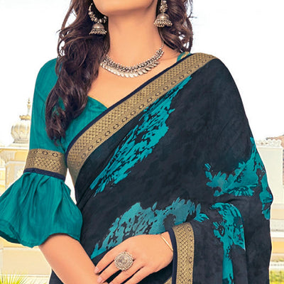 Dark Blue Casual Wear Printed Georgette Saree With Border
