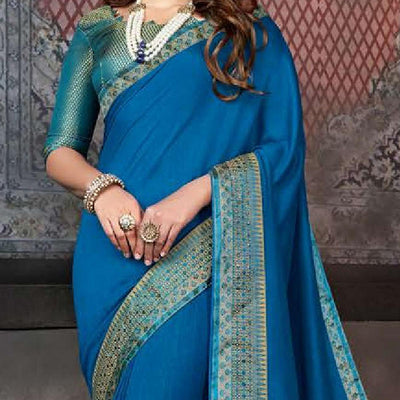 Dark Blue Casual Wear Solid Silk Saree With Border