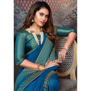 Dark Blue Casual Wear Solid Silk Saree With Border