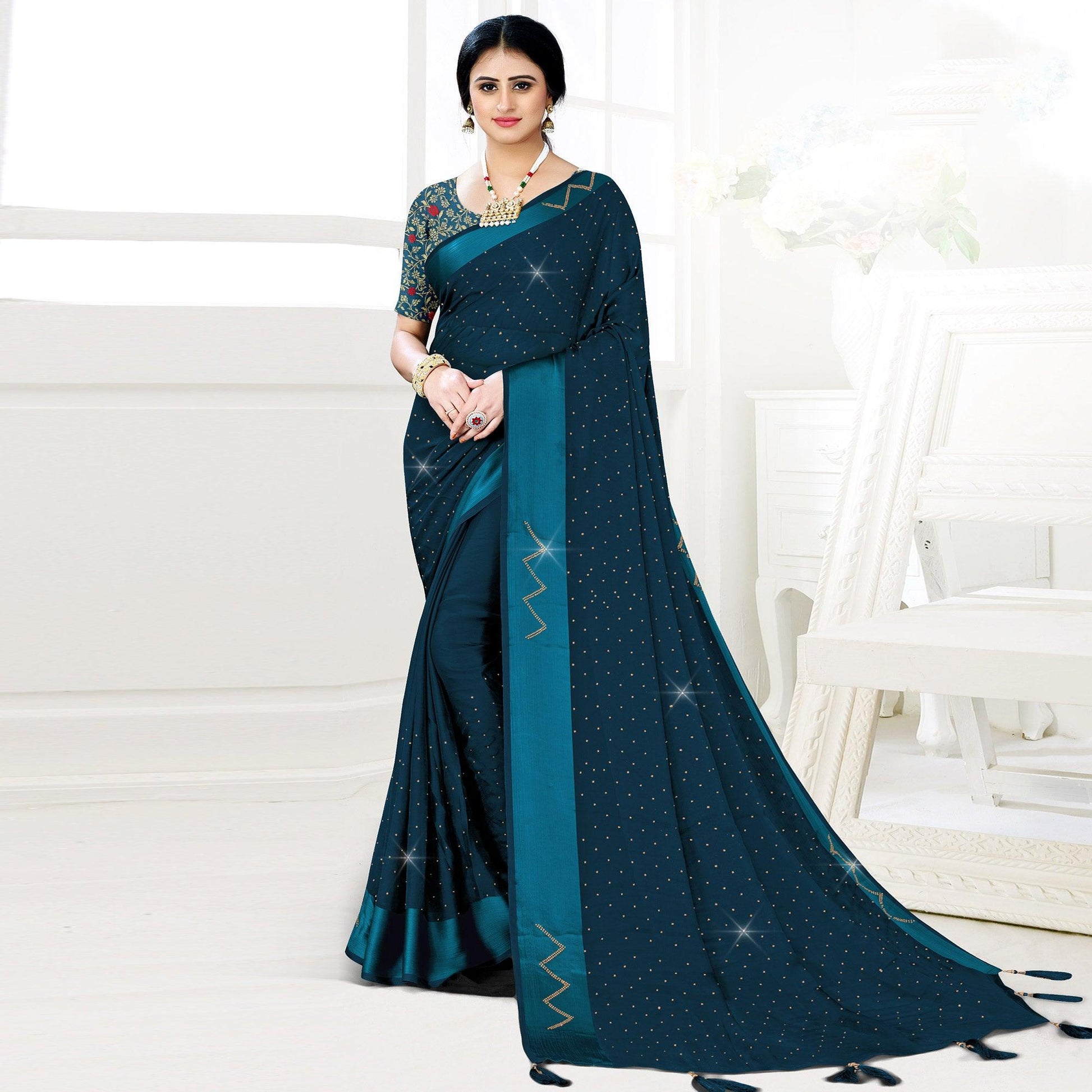 Dark Blue Festive Wear Diamond And Swarovski Soft Chiffon-Satin Saree