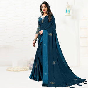 Dark Blue Festive Wear Diamond And Swarovski Soft Chiffon-Satin Saree