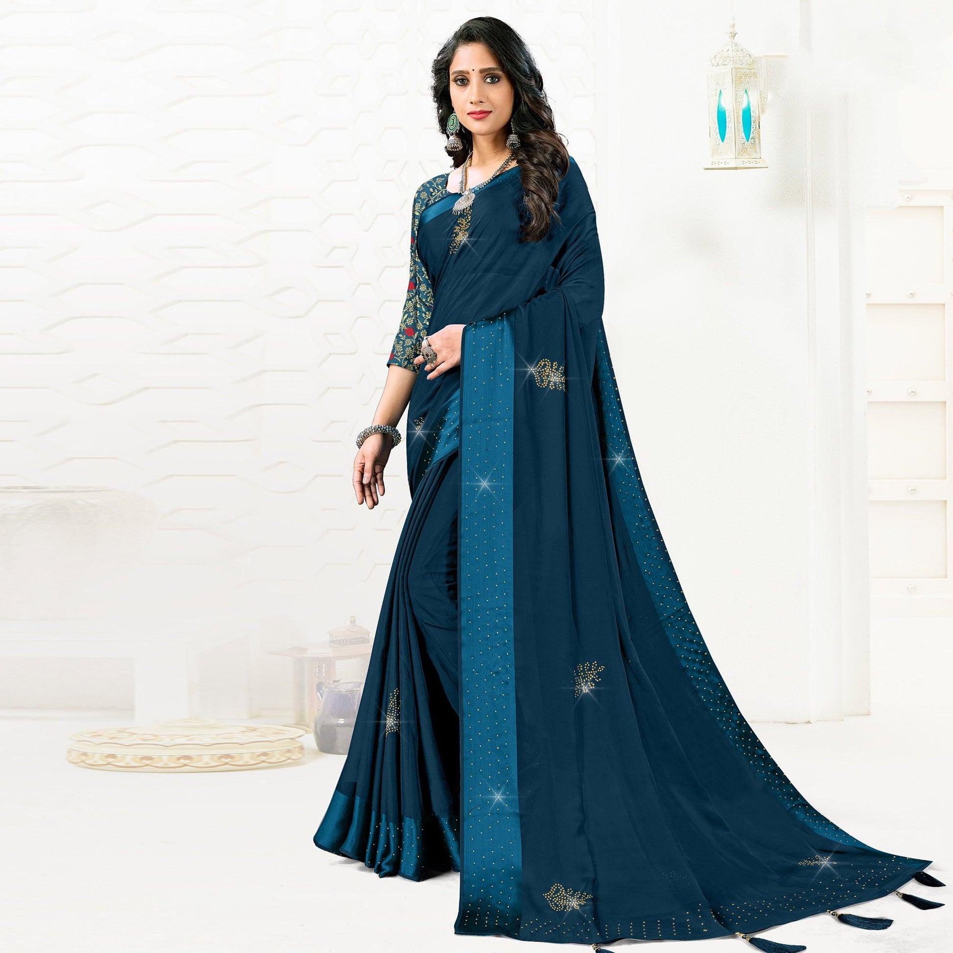 Dark Blue Festive Wear Diamond And Swarovski Soft Chiffon-Satin Saree