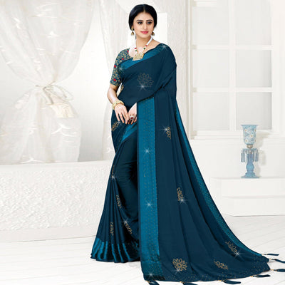 Dark Blue Festive Wear Diamond And Swarovski Soft Chiffon-Satin Saree