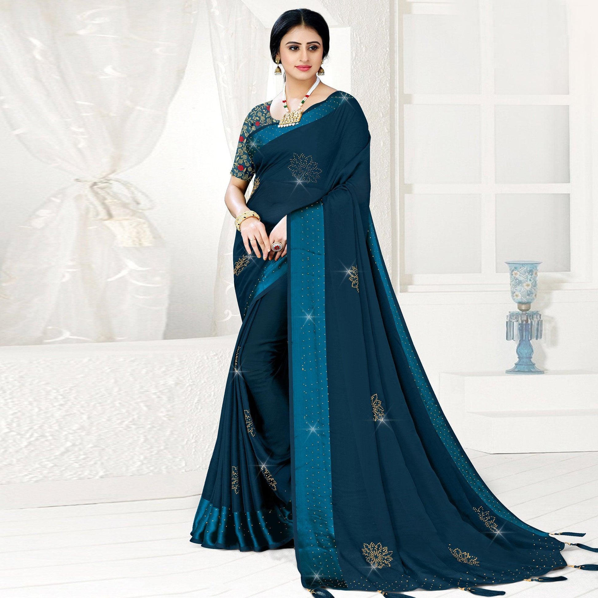 Dark Blue Festive Wear Diamond And Swarovski Soft Chiffon-Satin Saree