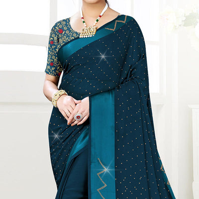 Dark Blue Festive Wear Diamond And Swarovski Soft Chiffon-Satin Saree