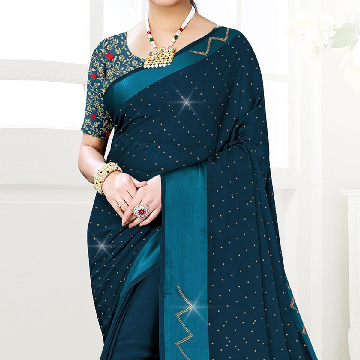 Dark Blue Festive Wear Diamond And Swarovski Soft Chiffon-Satin Saree
