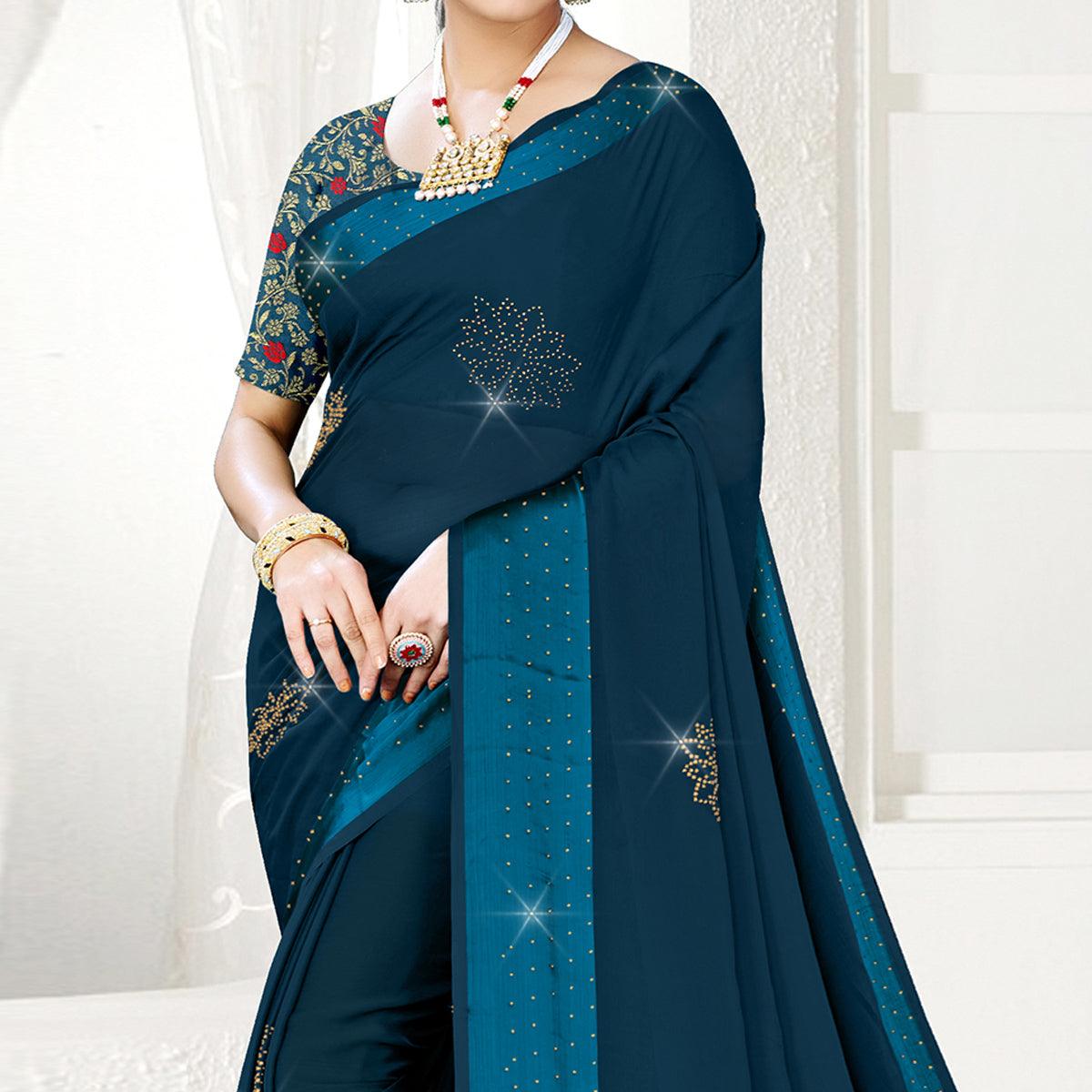 Dark Blue Festive Wear Diamond And Swarovski Soft Chiffon-Satin Saree