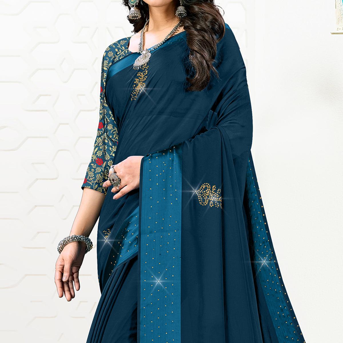 Dark Blue Festive Wear Diamond And Swarovski Soft Chiffon-Satin Saree