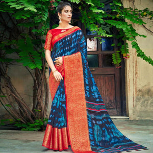 Dark Blue Festive Wear Printed Cotton Silk Saree With Woven Border
