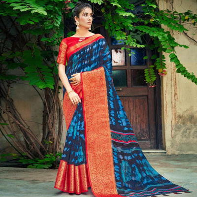 Dark Blue Festive Wear Printed Cotton Silk Saree With Woven Border